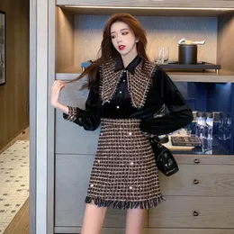 Skirts Fashion Women's Autumn Turn Down Collar Velvet Patched Tweed Fabric Blouse And Skirt Twinset 2 Pc Dress Suit SMLXL