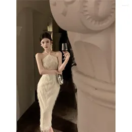 Casual Dresses Neckmonterad Sexig klänning Stropplös rygglös solid vit för kvinnor Tassels Slim Fit Pencil Ankle-Length Gala Woman