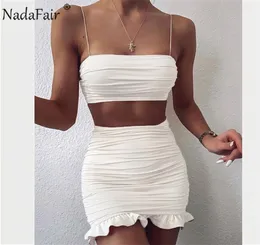 NADAFAIR Tvådelt Set Club Wear Ruffles Mini Sexiga Summer Dresses White Off Shoulder Ruched Short BodyCon Party Dress Women 2020 T7529301