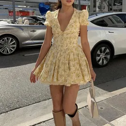 Новое желтое цветочное платье, Deep V Sexy Short с галстук-талией A-Line Юбка F58176