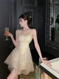 Lässige Kleider sexy elegante Frauen ärmellose Pailletten Mesh Patchwork Slim Paty Kleid Mini Sommer Französische Stil Fee Frau