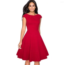 Festklänningar Kvinnor Elegant Summer Solid Color Ruched Cap Sleeve Casual Wear to Work Office Fitted Skater A -Line Swing Dress EA067