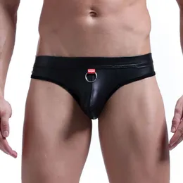 Mens Sexy Jockstrap Faux Leather WetLook Underwear Briefs Double Crotch Panties Exposed Buttocks Underpants Erotic Lingerie Male