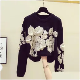 Kadın Sweaters Bahar Nakış Çiçek O boyun çubuğu kadınlar Modis Vintage Uzun Kollu Örme Plover Gevşek Siyah Üstler Damla Teslimat Otvan