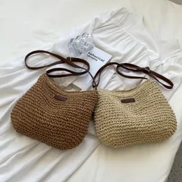 Bolsas de malha de palha e bolsas de ombro de bolsa tecidas para mulheres praia de mulher 240423