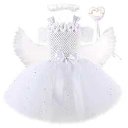 Sparkling White Angel Costumes For Girls Christmas Halloween Dress for Kids Flower Fairy Tutu Outfit With Wings Set Girl Clothes 240429
