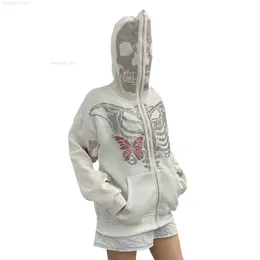 Męskie kurtki Rhinestone Butterfly Sketon Hoodie Y2K Full Zip Up Bluies nad twarzą graficzna czaszka estetyka Got Hood Bluza 288Y