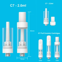 Till försäljning 0,5 ml 1,0 ml 2,0 ml C7 keramiska vagnar Tom Vape Tank Atomizer 510 Trådkassett Keramisk spole Skruv på spetsrökningsvagnar Atomizer för tjockt oljepassning Förvärmningsbatteri