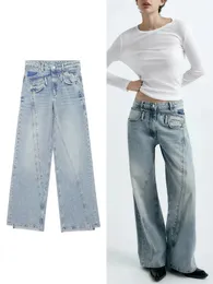 Zbza womens tascabile abbellita a medio jeans gamba larga gamba design decostruito di design chic pantaloni versatili eleganti abbigliamento femminile 240423
