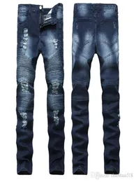 High Street Trend Hole Jeans European och American Men039S Locomotives rynkor Slim Pants Biker Jeans Nostalgia9112766