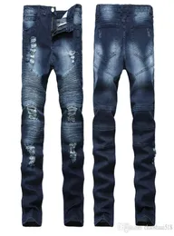 High Street Trend Hole Jeans Europäische und amerikanische Männer039s Lokomotiven Falten Slim Hosen Biker Jeans Nostalgia9112766