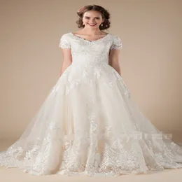 A-Line Lace Tulle Vintage Modest Wedding Dresses مع الأكمام القصيرة الأكمام الرسمية البلد الغربي LDS فساتين الزفاف معبد الزفاف 243B