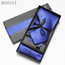 Bow Ties HOOYI 2024 For Men Wide Tie Set Cufflinks Pocket Handkerchief Polyester Solid Necktie Wedding Gift Box Package 10 Colors