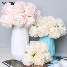 YO CHO 5pc Big Peony Artifcial Silk Flower Wedding Bouquet Decor White Home Display Fake Pack Heart Pink Rose 240422