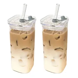 Quadratische hitzebeständige Kaffeeglas Tasse mit Deckel und Stroh transparenter Milch Tee -Saftbecher für Home Bar Getränke 240422