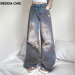 Dżinsy damskie Reddachic Zniszczone brudne worka worka dla vintage niebieska ponadwymiarowa wysoka talia stadded gwiezdna gwiezdna gwiezdna nogawka Y2K streetwear