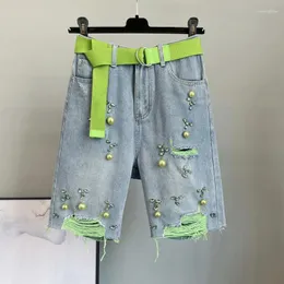 Women's Shorts Green Diamond Ripped Hole Denim Women High Waist Beading Casual Loose Half Pants Summer Streetwear Female