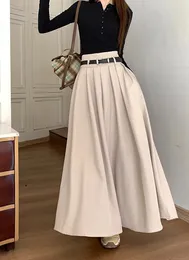 Skirts Elegant Women Long Suits Office Ladies Casual Loose Pockets High Waist Pleated Maxi Skirt Belted 2024 Spring Summer SK30
