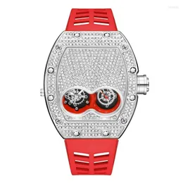Наручительные часы Pintime Original Luxury Full Diamond Iced Out Watch Bling-Ed Rose Gold Case Красный силиконовый ремешок для мужчин 253H