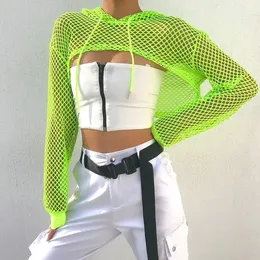 Spring Streetwear Neon Green Mesh Fishnet Top Women Tshirt Perspektiv Långärmad kvinnor T-shirts Sexig beskuren skjorta 240508