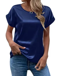 Spring and Summer Womens Short Sleeve Satin Shirt Loose Casual Round Neck Colored Ding T-shirt Women 240509