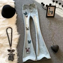 Calça de cor de jeans feminina calça de flare de verão y2k calça alta as calças de jeans bordado borboleta bordado no tornozelo bodycon mulheres chique