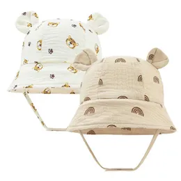 Caps Hüte Frühlings- und Herbstdruckbaby Eimer Hut weiches Baumwollmädchen Outdoor Freizeit Panama Sonnenhut Sommerbaby und Vorschulfischer Hut D240509