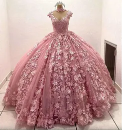 Sukienki Quinceanera Różowe suknie balowe Aplikacje 3D Flora Evening Prom Gowns 0509