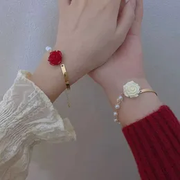 Wedding Bracelets Korean Style Red Rose Imitation Pearl Bracelet For Women Luxury Zircon Flower Butterfly Adjustable Cuff Bracelet Wedding Jewelry