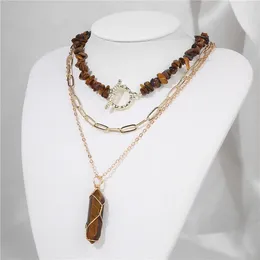 Anhänger Halsketten Trendy Tiger Eye Chip Stone Halskette natürliche hexagonale Säule Neckalce Choker 3pcs/Los Frauen Schmuck Großhandel