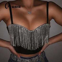 Cnyishe Fashion Sexy Clubwear Diamond Quaste Crop Tops ärmellose T -Shirts Slim Lady Bralette Gurt Dünne weibliche Tee 240509