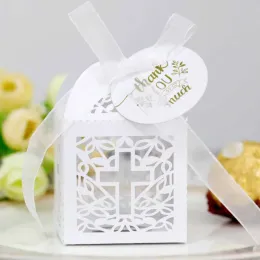 50pcs Pearl Paper White Crossing Chocolate Box Box Angel Baby Dame Gift Box أول ديكور حفلة عيد ميلاد Communion Kids