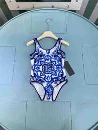 브랜드 어린이 원 피스 수영복 블루 대칭 패턴 소녀 수영복 크기 80-150 cm 여름 어린이 비치 비키니 디자이너 어린이 수영복 24may