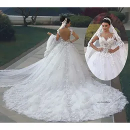 2021 Princess Ball Gown Wedding Dresses renda 3d Floral Lace Applique Royal Train 신부 가운 아랍어 Backless 0509
