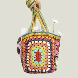 Evening Bags Bohemian Women Square Summer Staw Shoulder Bag Casual Woven Handle Rainbow Patchwork Handbags Beach