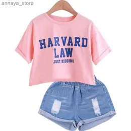 Clothing Sets 2024 Childrens and Girls Clothing Set Summer Short sleeved T-shirt+Jeans Shorts Hot Pants Set Baby Clothing 4 5 6 7 8 9 10 11 12 Years OldL2405L24045