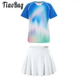 Clothing Sets Kids Girls Tennis Skirt Set Sport Dance Suits Short Sleeve Printed T-shirt With Pleated Pantskirts For Workout Running Cycling