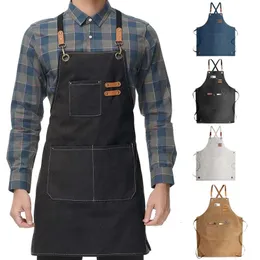 Kitchen Household Cooking Canvas Apron Oilproof Waterproof Can Wipe Hands Men Women Adult With Tool Pockets Fashion Coffee Over 240508