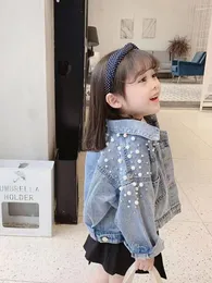 Jackets 2024 Pearls Beading Denim Jacket For Girls Fashion Coats Children Clothing Autumn Baby Clothes Outerwear Jean Coat