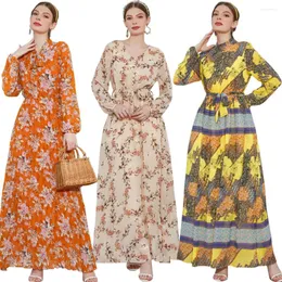 Ethnische Kleidung 2024 Bohemian Fashion Casual A-Line Abaya Kaftan Robe Frühling Sommer Blumendruck Muslim Kleid Full Sleeve Women Sundress