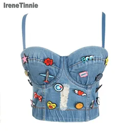 Irene Tinnie Sexy Cute Hole Cartoon Decoration Push Up Bustier Womens Denim Bralette Cropped Top Vest Plus Size 240508