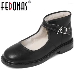 Casual Shoes Fedonas 2024 Autumn Spring Women Pumps Office Ladies Retro Buckle äkta läder Låga klackar Bekväm ullkvinna