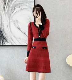 Women039s oneck single breasted long sleeve houndstooth grid knitted aline slim waist dress SMLXL5501470