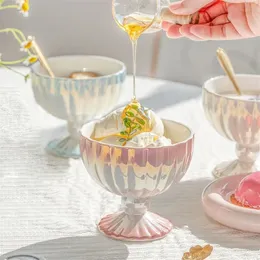 Pearlescent Gradual Color Ceramic Ice Cream Cup Light Luxury High Fruit Salad Dessert Bowl European Simple Yogurt Cups Spoon Set 240508