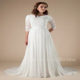 Novos vestidos de noiva modestos de chiffon de chiffon com mangas de renda, recepção informal SUD vestidos de noiva personalizados, vestidos de noiva feitos