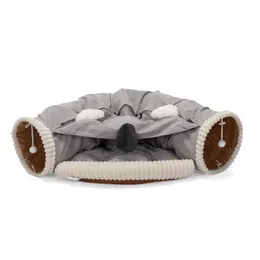 Collapsible Cat Tunnel Bed for Indoor Cats, Washable Cat Hide Tunnel with Hanging Toys and Cushion Mat, Gray