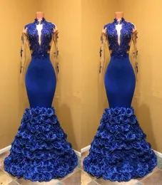 Royal Blue Long Sleeves Evening Dresses Deep V Neck Mermaid Prom Dresses 2018 LACE APPLIKES African Women Formal Wear Party Gowns3554123