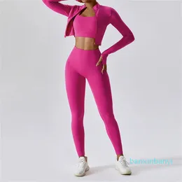 Womens Yoga Outfit Three Pieces Vest+Pants+Jackets Suits tränar nära passning av fitness slitage elastisk vuxen träning sportkläder elastik