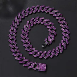 Chains 15MM Rhombus Prong Cuban Link Chain 2Row Purple Iced Out Rhinestones Rapper Necklaces Bracelet For Men Women Choker Jewelry d240509