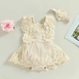 Rompers Newborn Baby Girl Photoshoot Outfits Boho Floral Lace Romper with Head Band Half First 1st Birthday Photography Outfits H240508